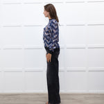 Munthe Blue Cream Floral Silver Lurex Black Knitted Trim Top