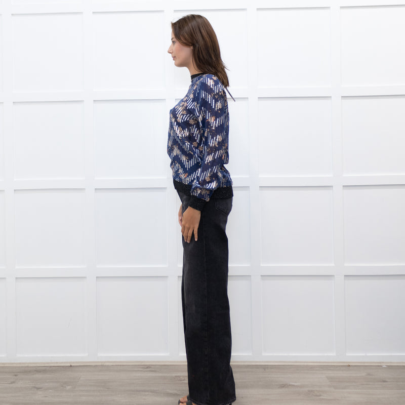 Munthe Blue Cream Floral Silver Lurex Black Knitted Trim Top
