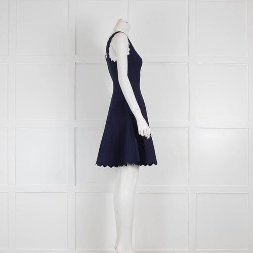 Alaia Navy Fit and Flare Sleeveless Dress with Scallop Hem