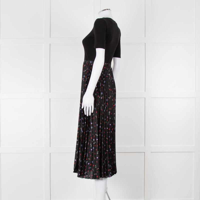 Maje Black Ribbed T-shirt Dress with Pleated Patterned Skirt