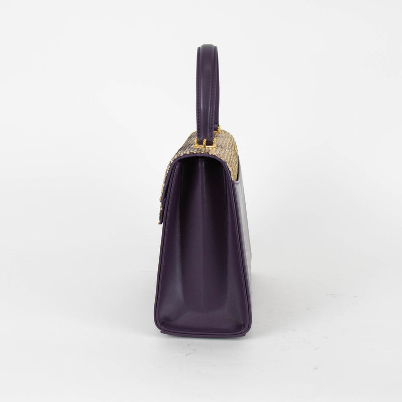 Launer London Purple Leather Brown Snake Skin Top Traviata Bag