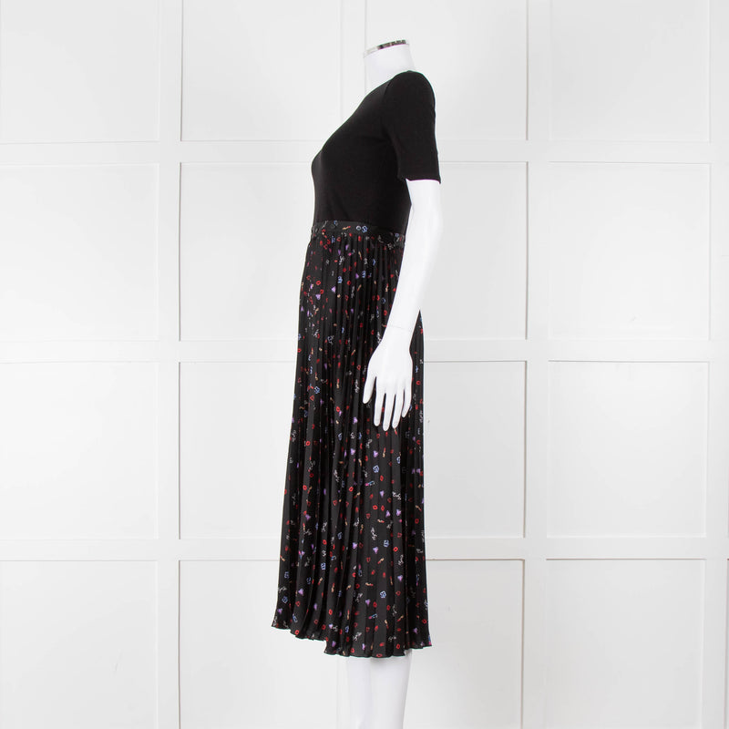 Maje Black Ribbed T-shirt Dress with Pleated Patterned Skirt
