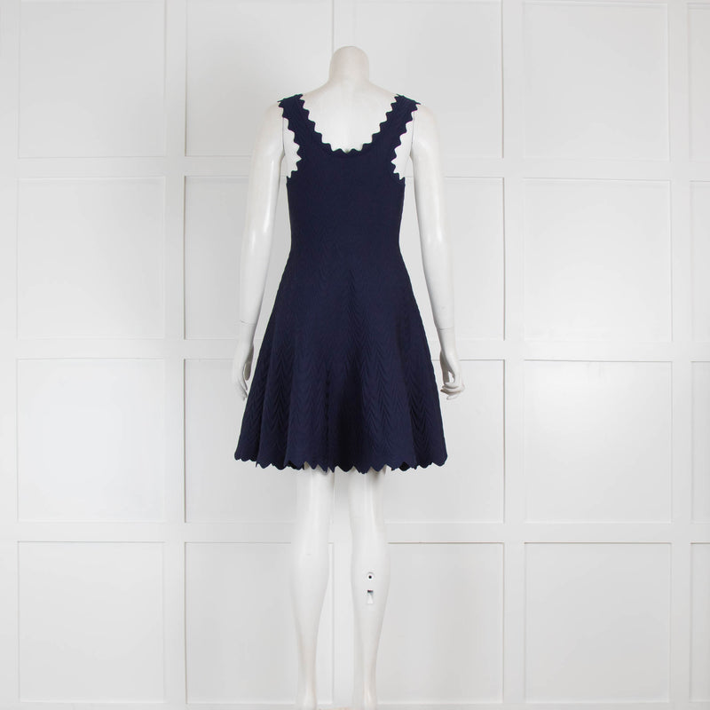 Alaia Navy Fit and Flare Sleeveless Dress with Scallop Hem