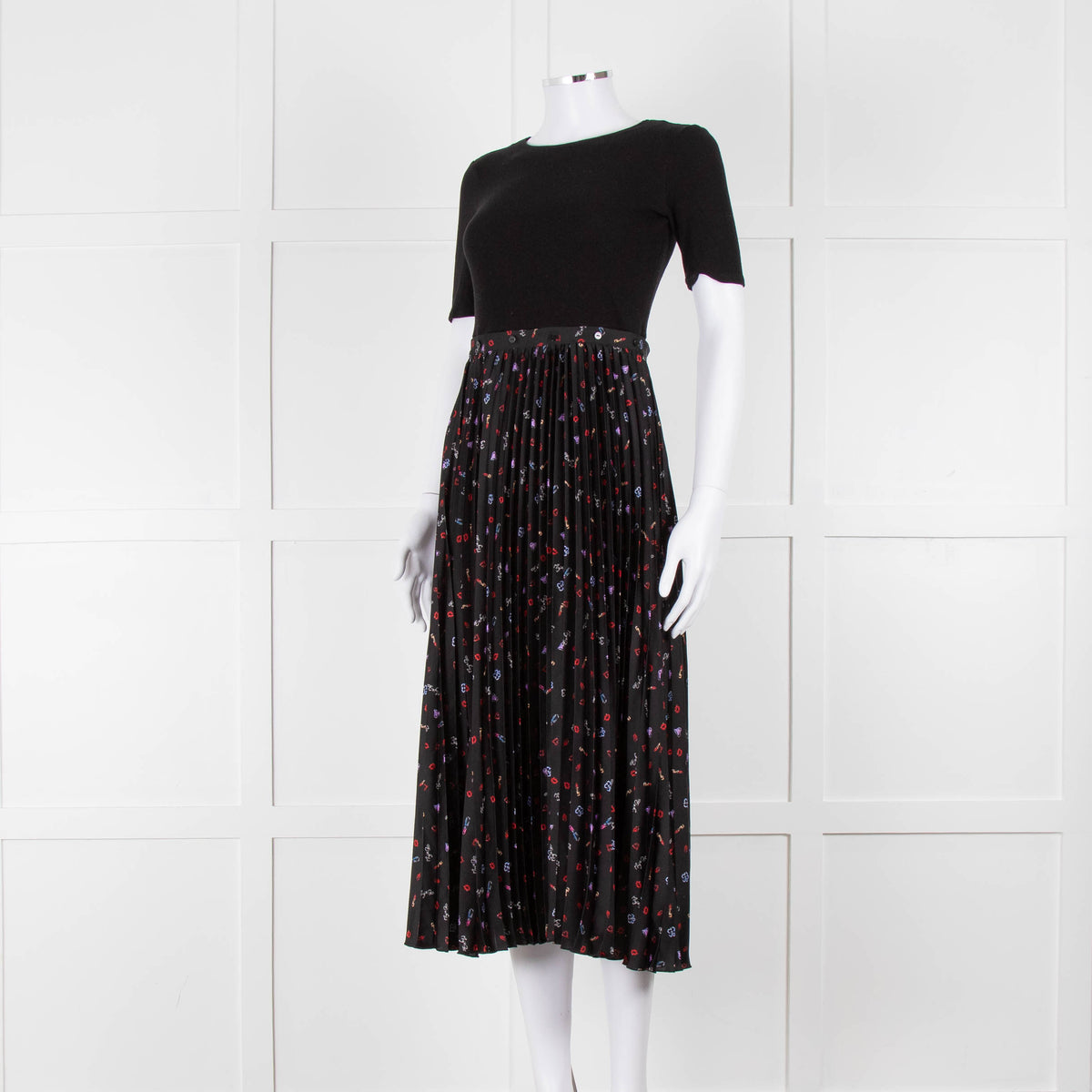 Maje Black Ribbed T-shirt Dress with Pleated Patterned Skirt
