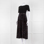 Maje Black Ribbed T-shirt Dress with Pleated Patterned Skirt