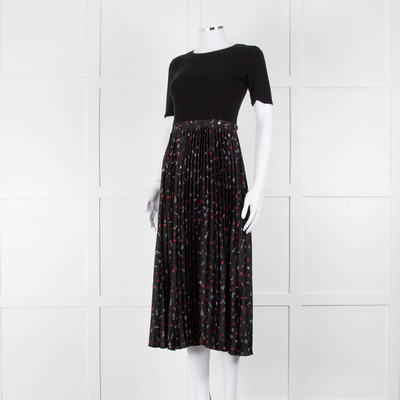 Maje Black Ribbed T-shirt Dress with Pleated Patterned Skirt