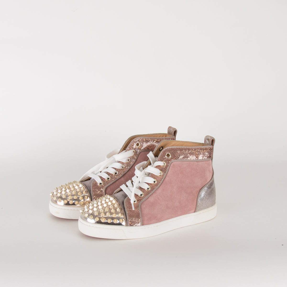 Christian Louboutin Pink Suede Studded Toe High Top Trainers