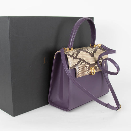 Launer London Purple Leather Brown Snake Skin Top Traviata Bag