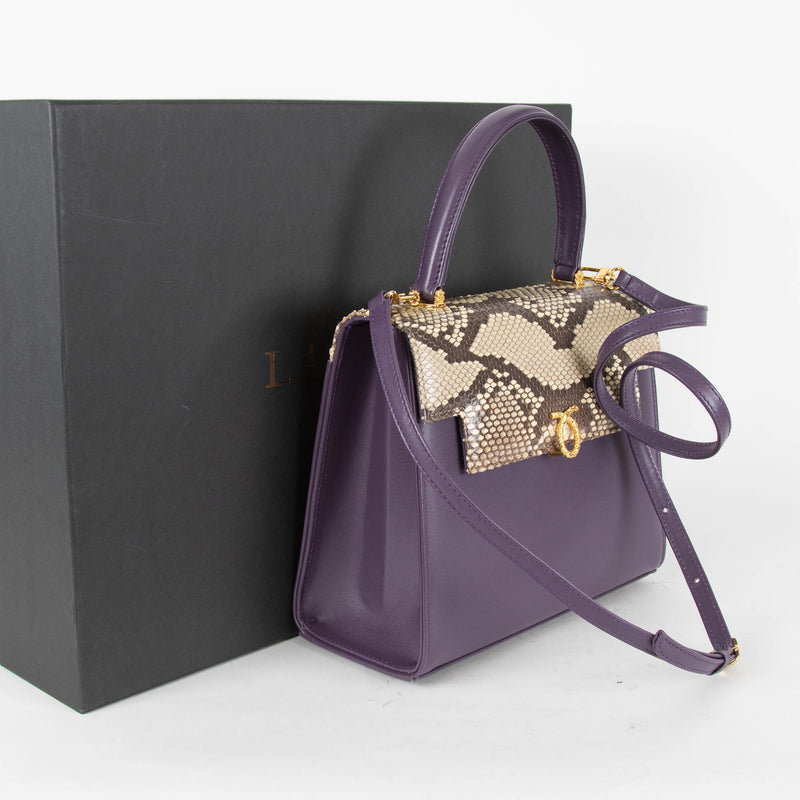 Launer London Purple Leather Brown Snake Skin Top Traviata Bag