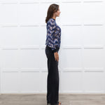 Munthe Blue Cream Floral Silver Lurex Black Knitted Trim Top