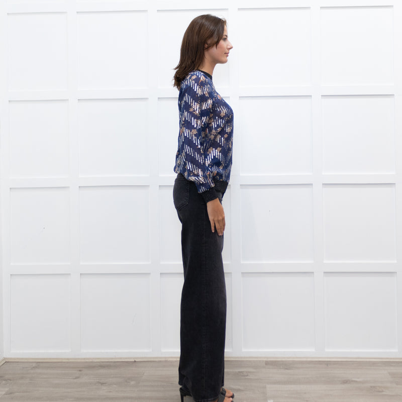 Munthe Blue Cream Floral Silver Lurex Black Knitted Trim Top
