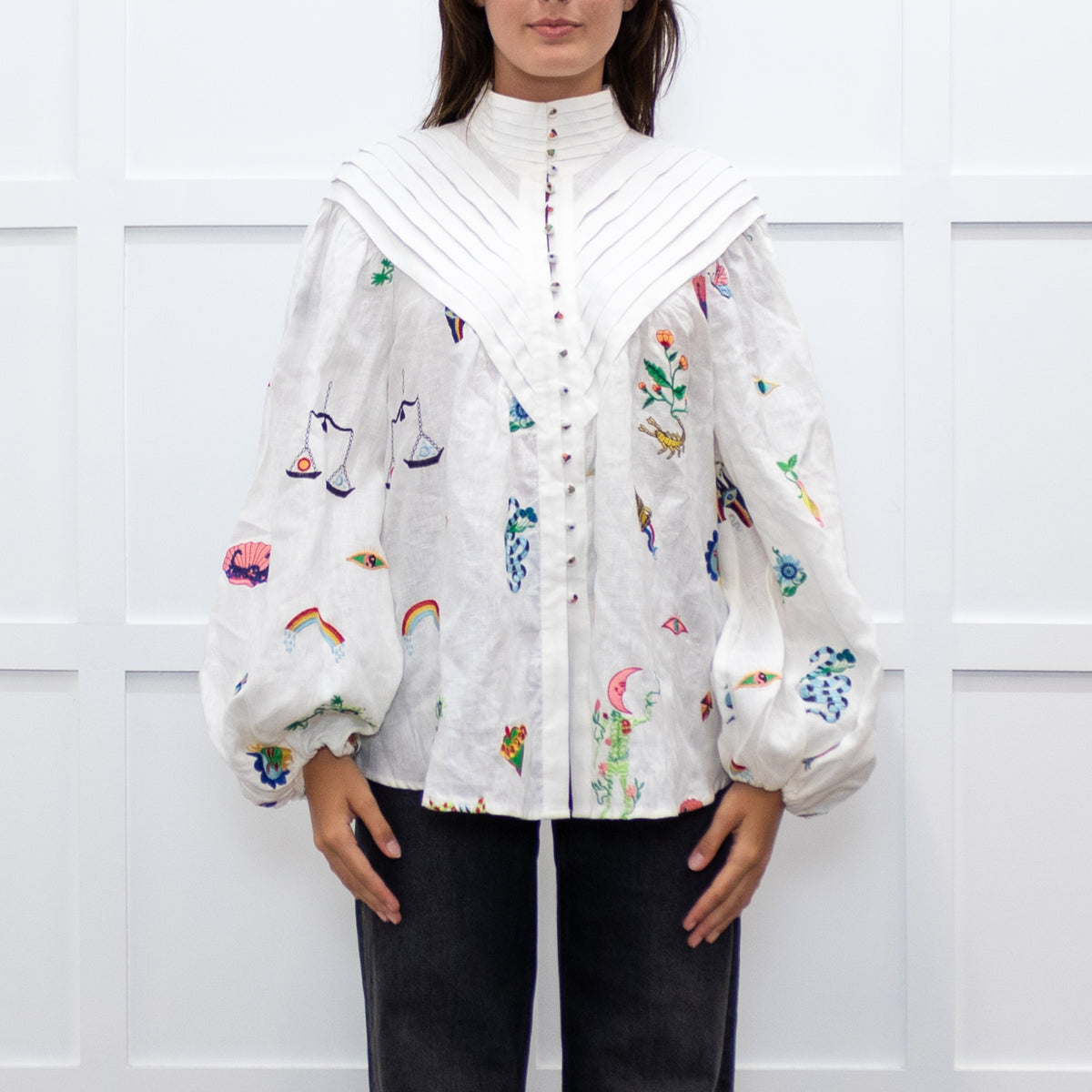 Alemais White High Neck Atticus Embroidered Shirt