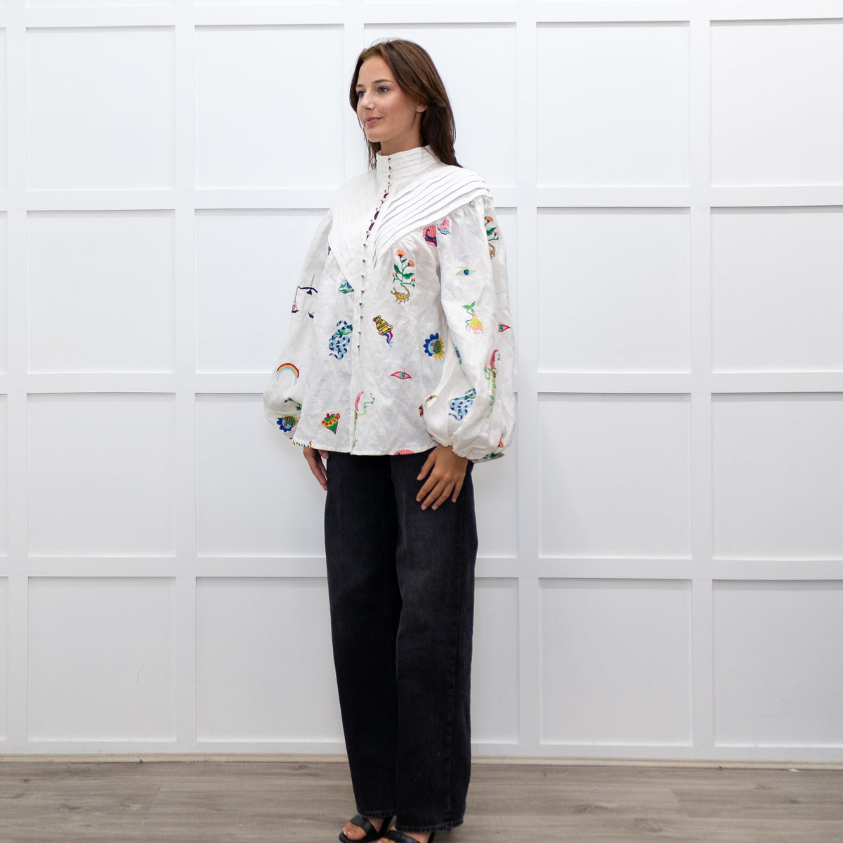 Alemais White High Neck Atticus Embroidered Shirt