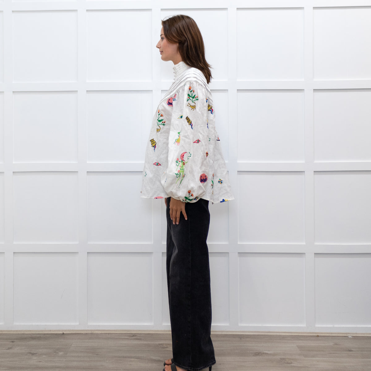 Alemais White High Neck Atticus Embroidered Shirt