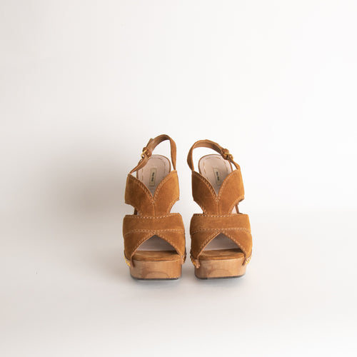 Miu Miu Brown Suede Studded Platform Clog Heels