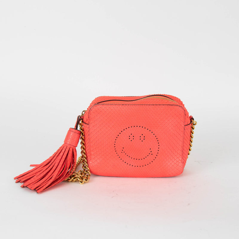 Anya Hindmarch Neon Pink Python Smiley Chain Crossbody