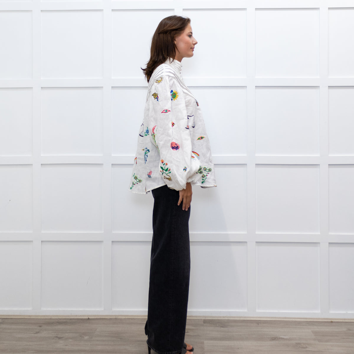 Alemais White High Neck Atticus Embroidered Shirt