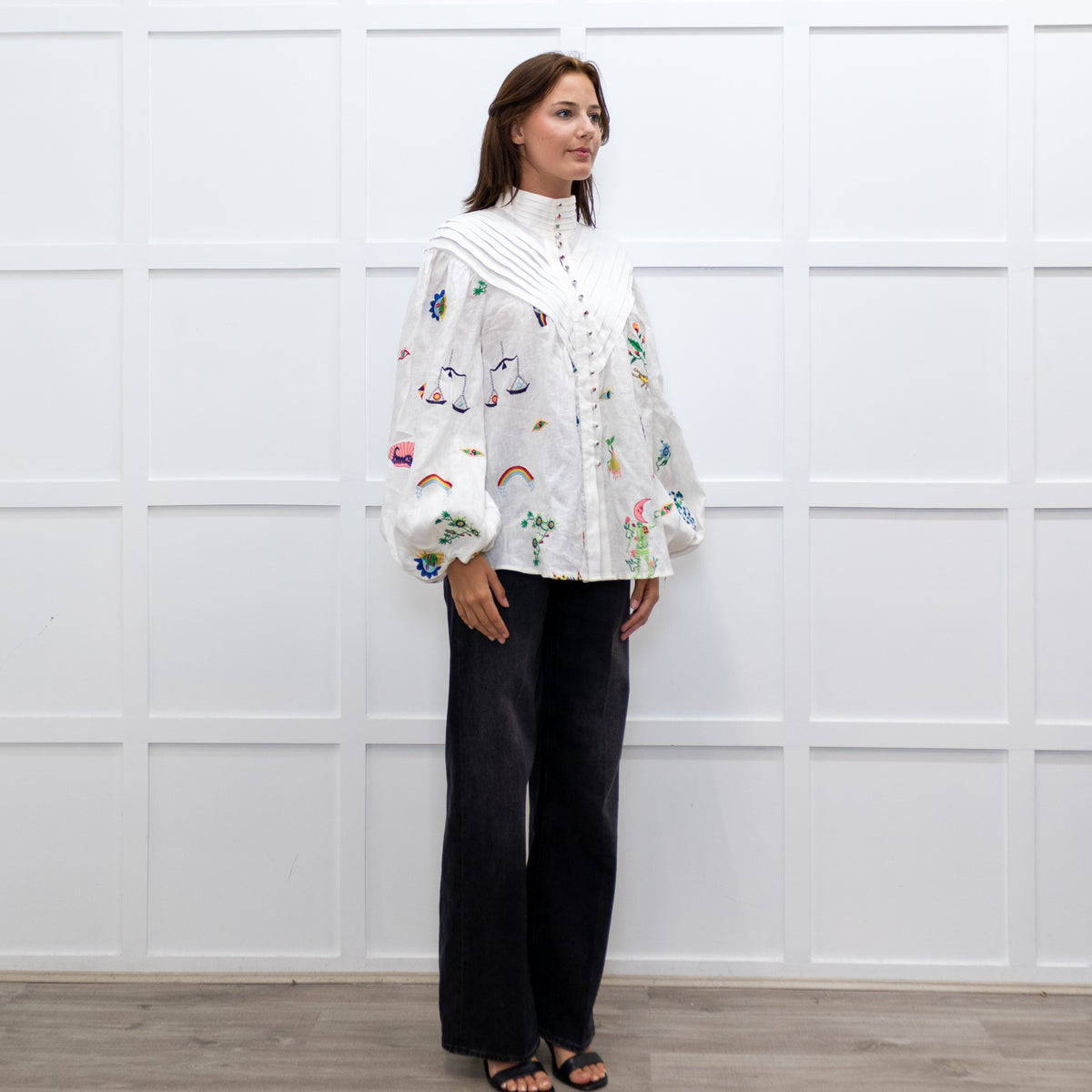 Alemais White High Neck Atticus Embroidered Shirt