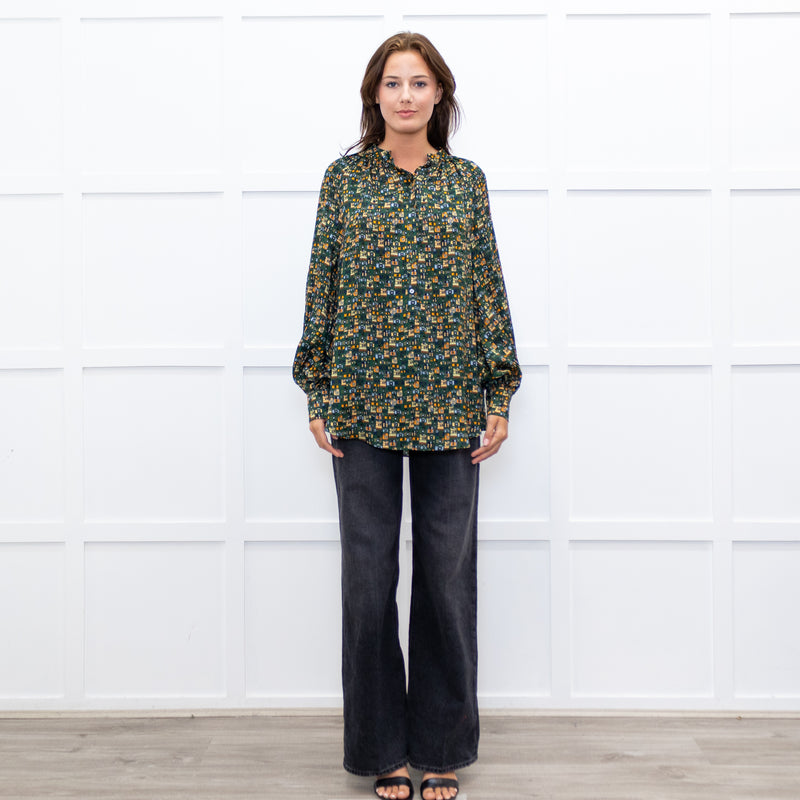 Machka Green Pattern Balloon Sleeve Top
