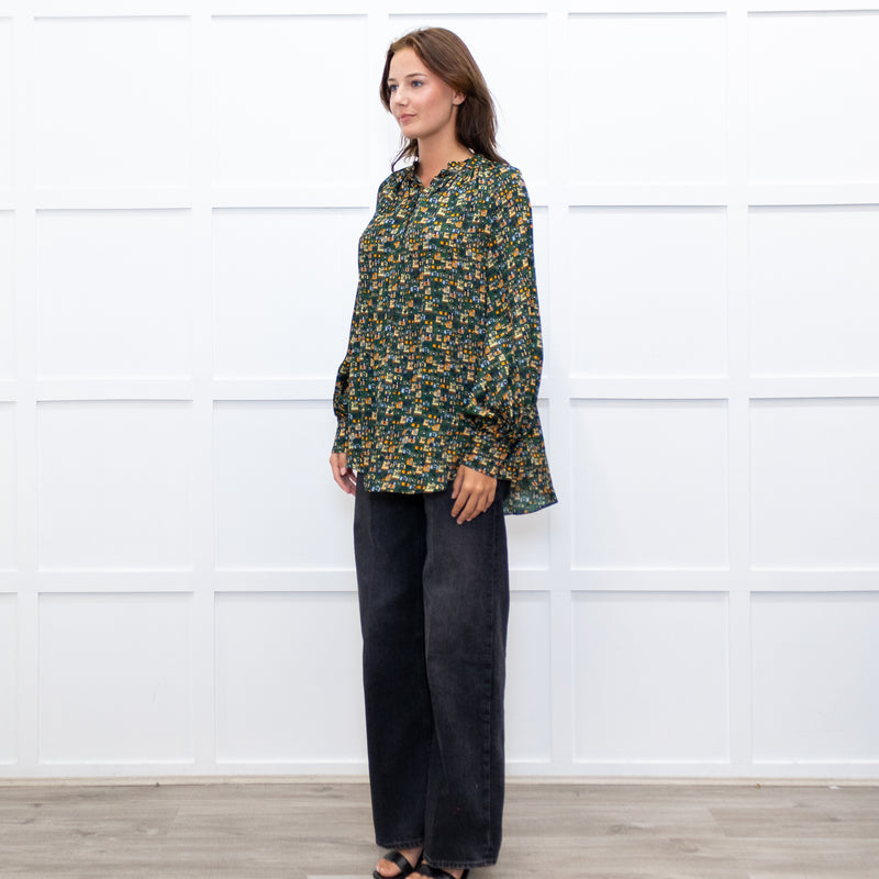 Machka Green Pattern Balloon Sleeve Top