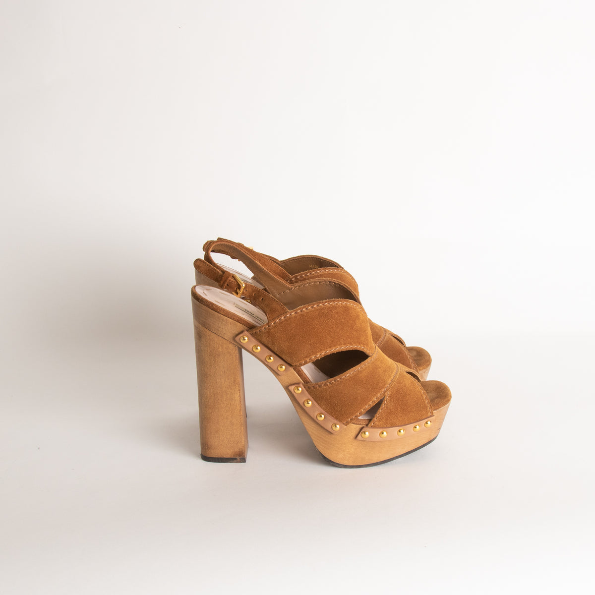 Miu Miu Brown Suede Studded Platform Clog Heels