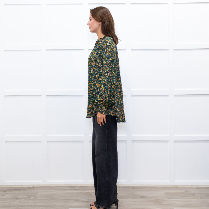 Machka Green Pattern Balloon Sleeve Top