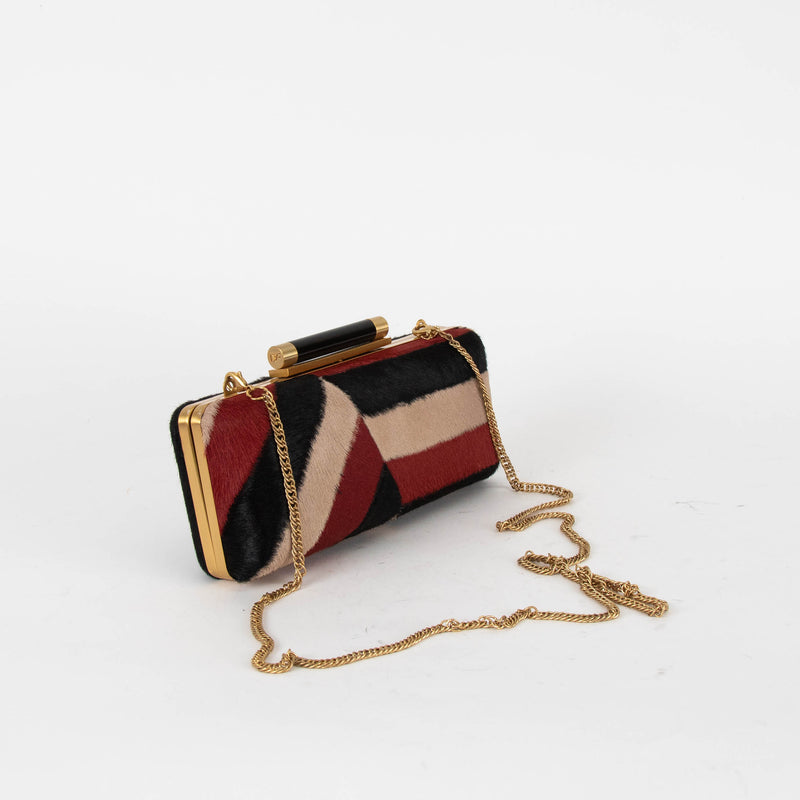 Diane Von Furstenberg Red, Black and Beige Pony Hair Clutch