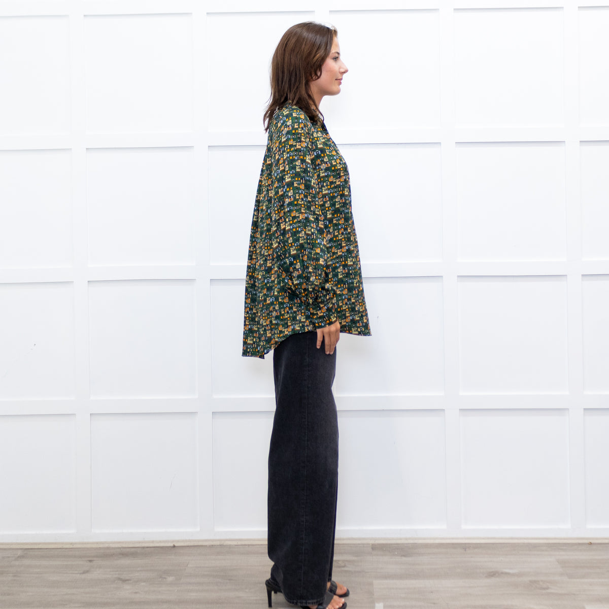 Machka Green Pattern Balloon Sleeve Top