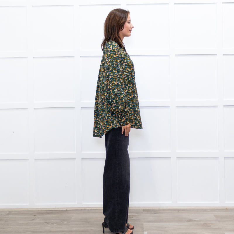 Machka Green Pattern Balloon Sleeve Top