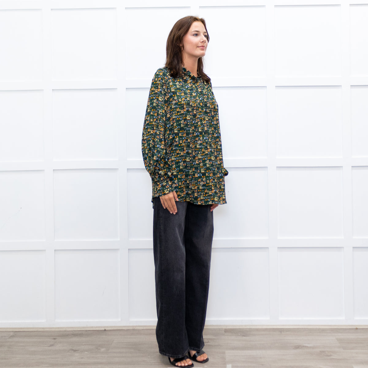 Machka Green Pattern Balloon Sleeve Top