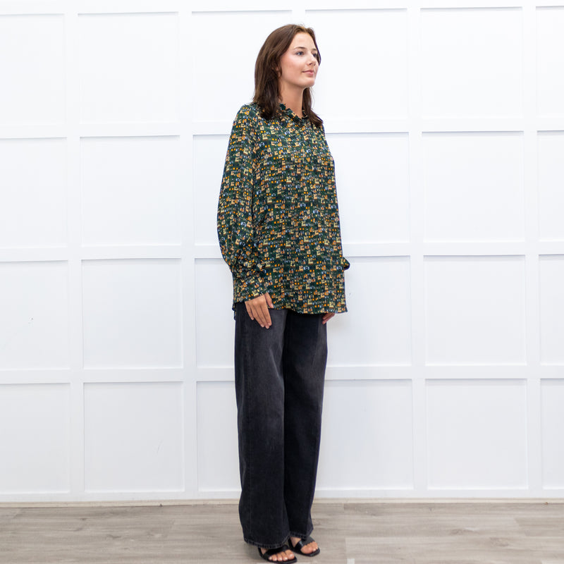 Machka Green Pattern Balloon Sleeve Top