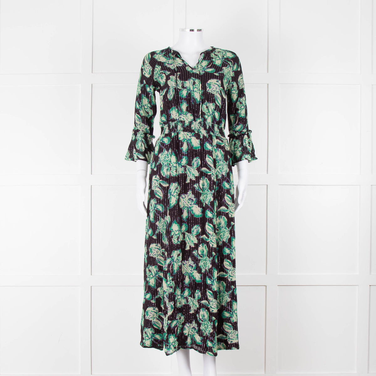 Iris Black Green Floral Silver Thread Midi Dress
