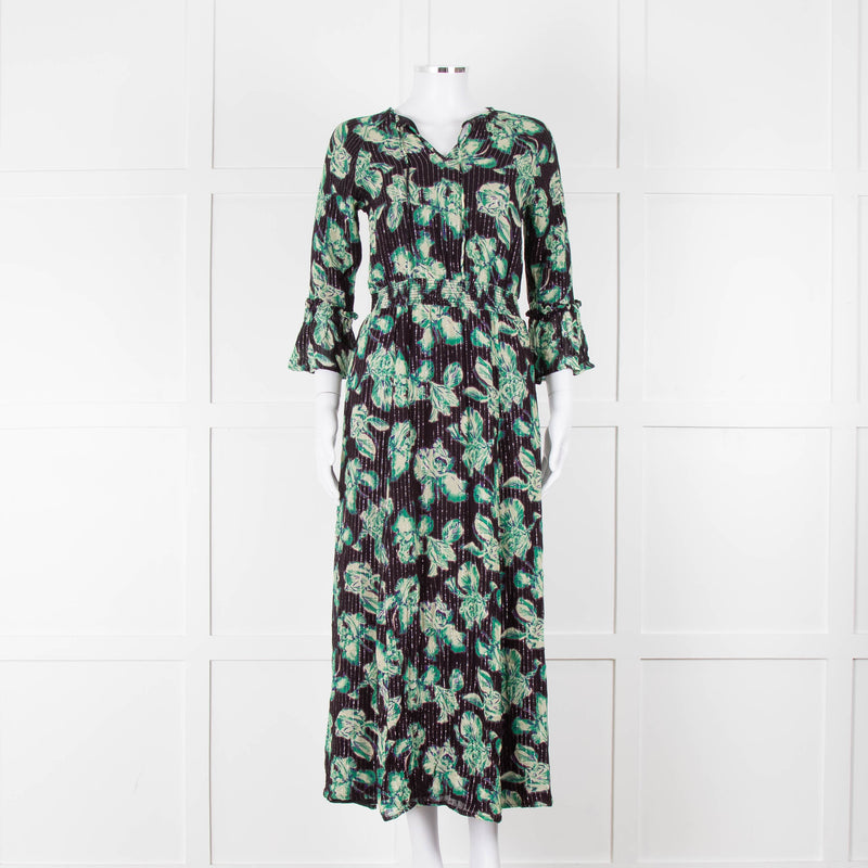 Iris Black Green Floral Silver Thread Midi Dress
