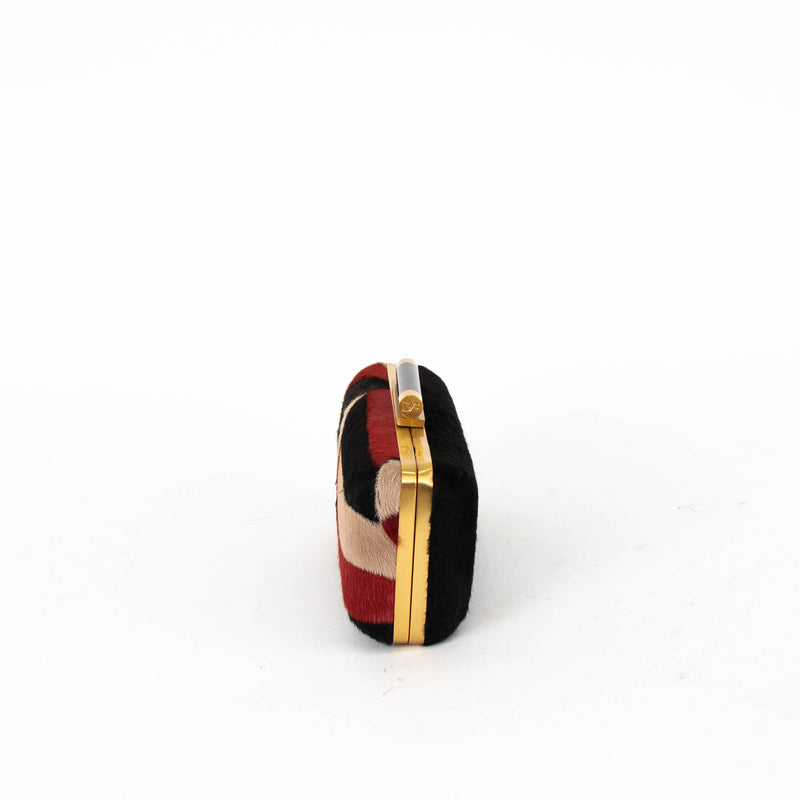 Diane Von Furstenberg Red, Black and Beige Pony Hair Clutch