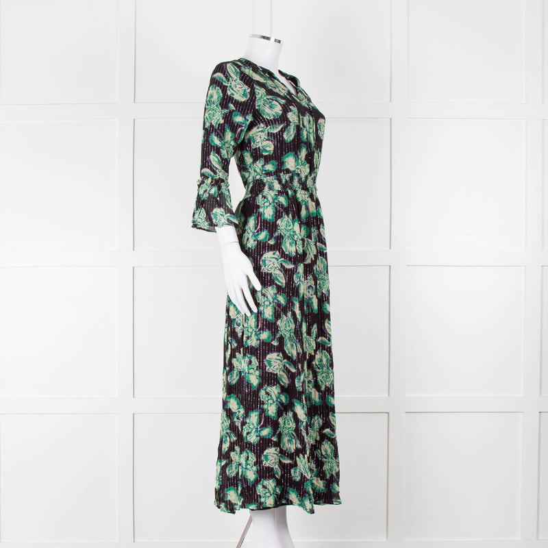 Iris Black Green Floral Silver Thread Midi Dress