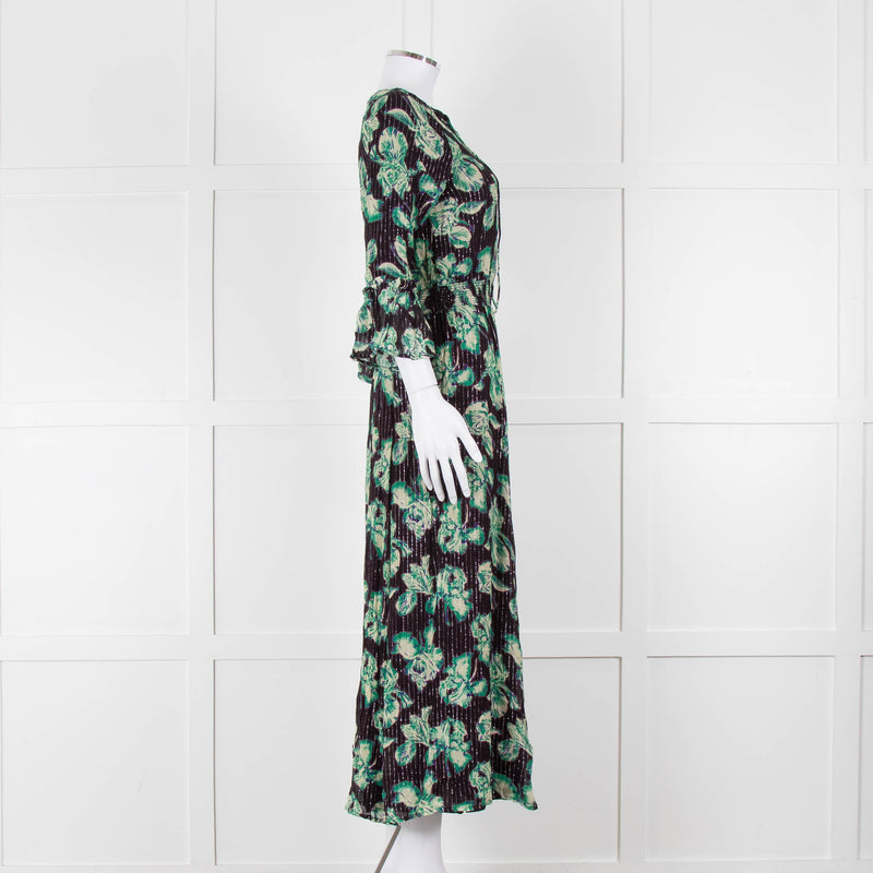 Iris Black Green Floral Silver Thread Midi Dress