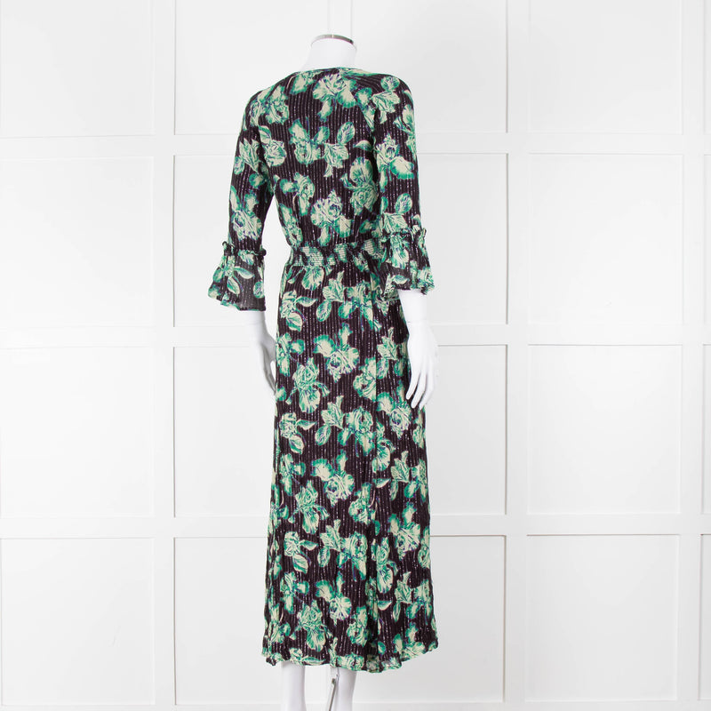 Iris Black Green Floral Silver Thread Midi Dress