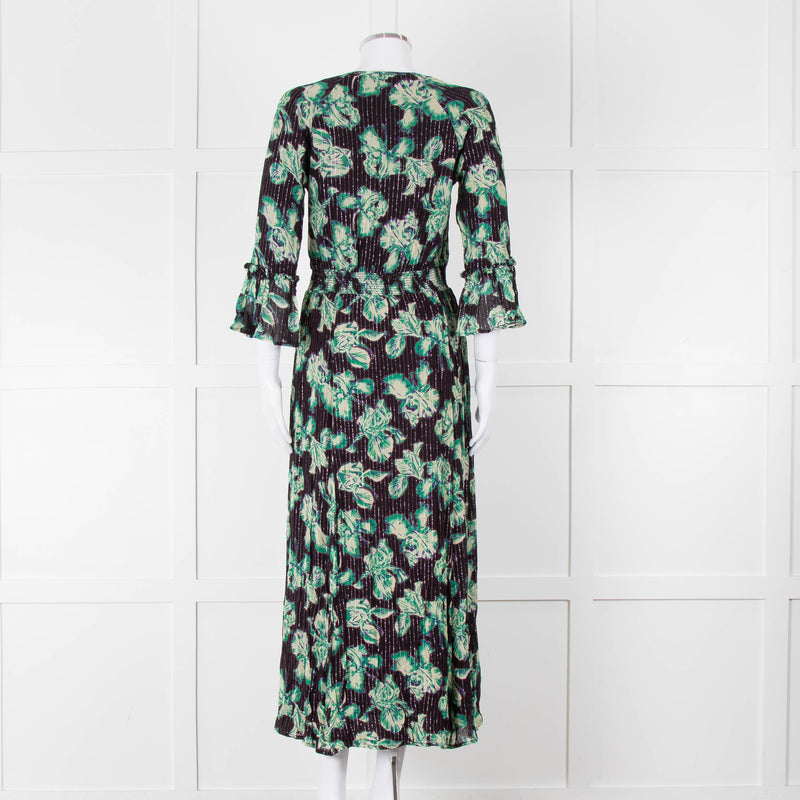 Iris Black Green Floral Silver Thread Midi Dress