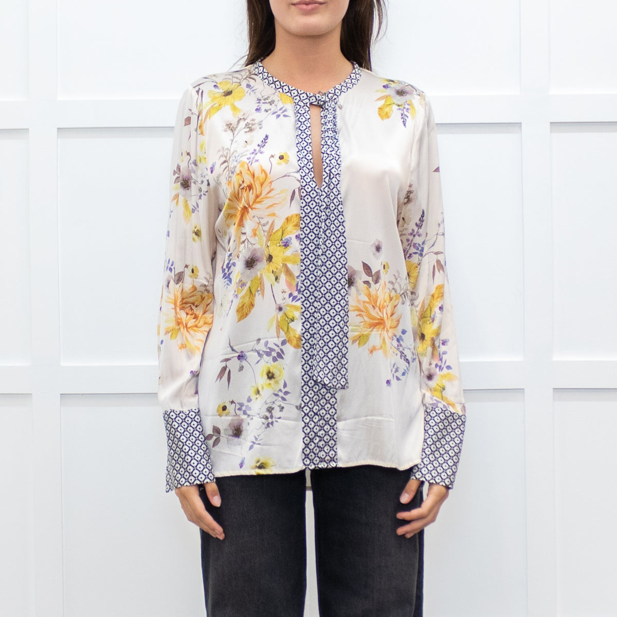 Dea Kudibal Cream and Yellow Floral Silk Blouse with Geometric Cuffs