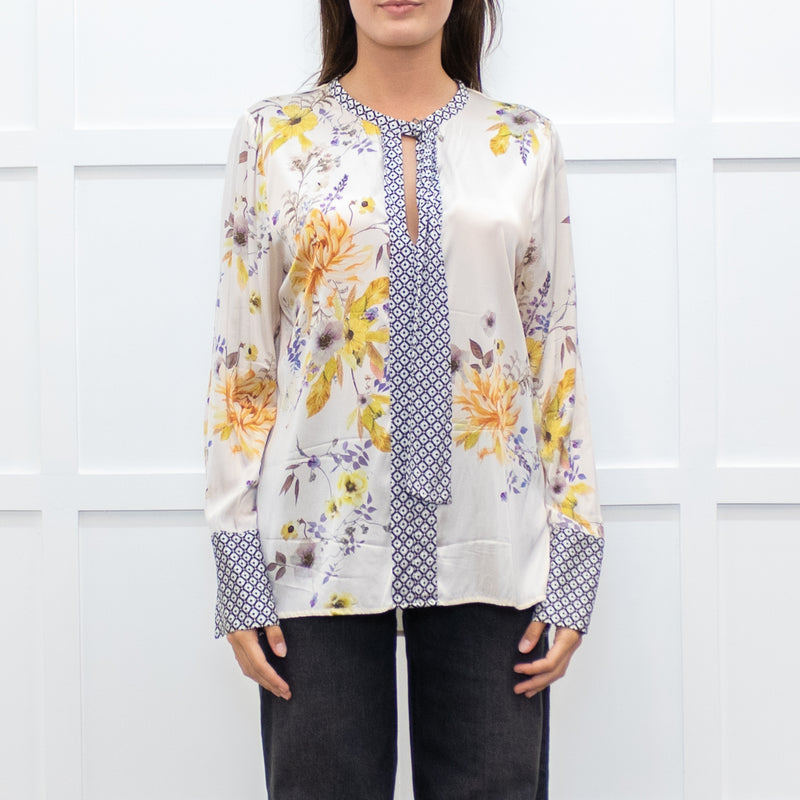 Dea Kudibal Cream and Yellow Floral Silk Blouse with Geometric Cuffs
