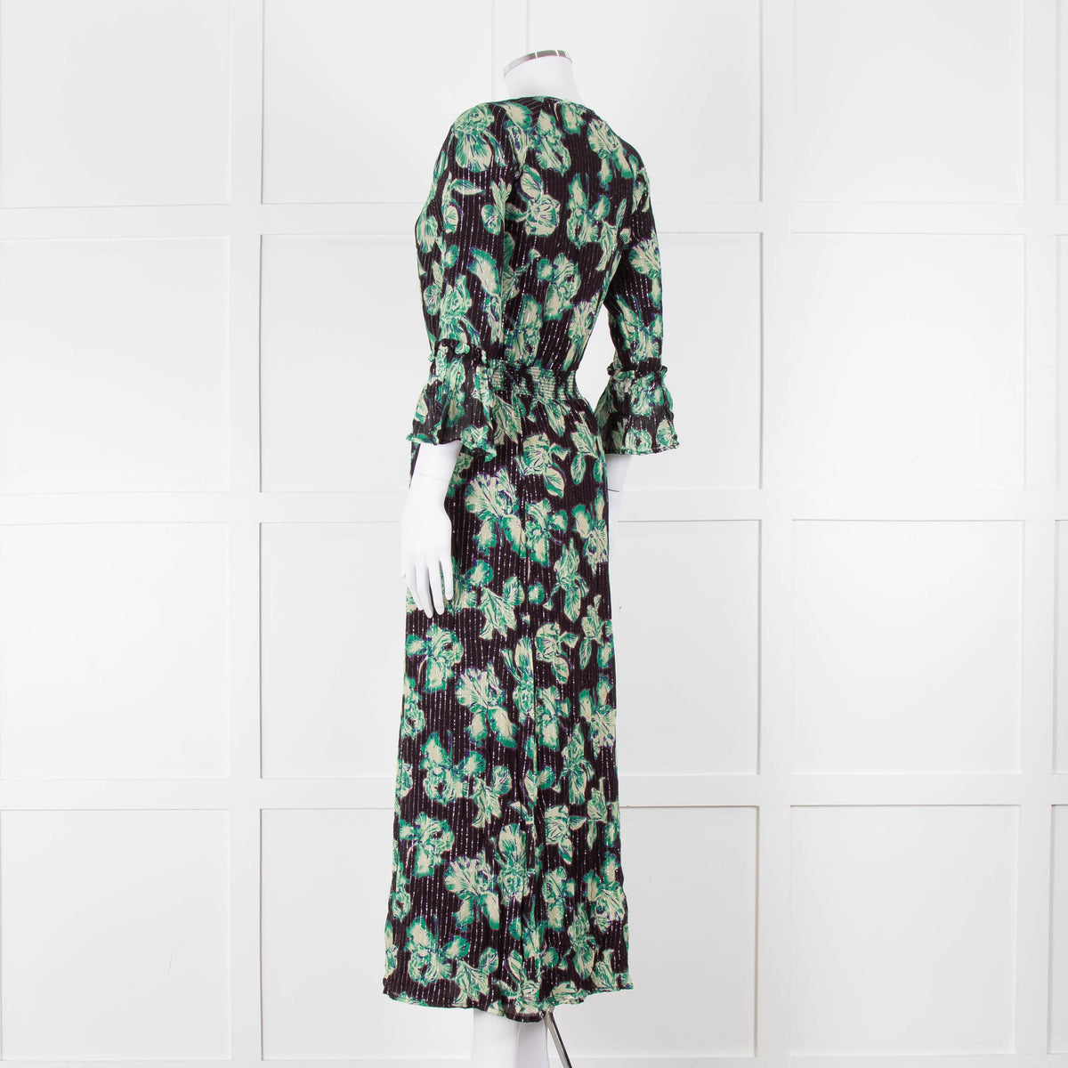 Iris Black Green Floral Silver Thread Midi Dress