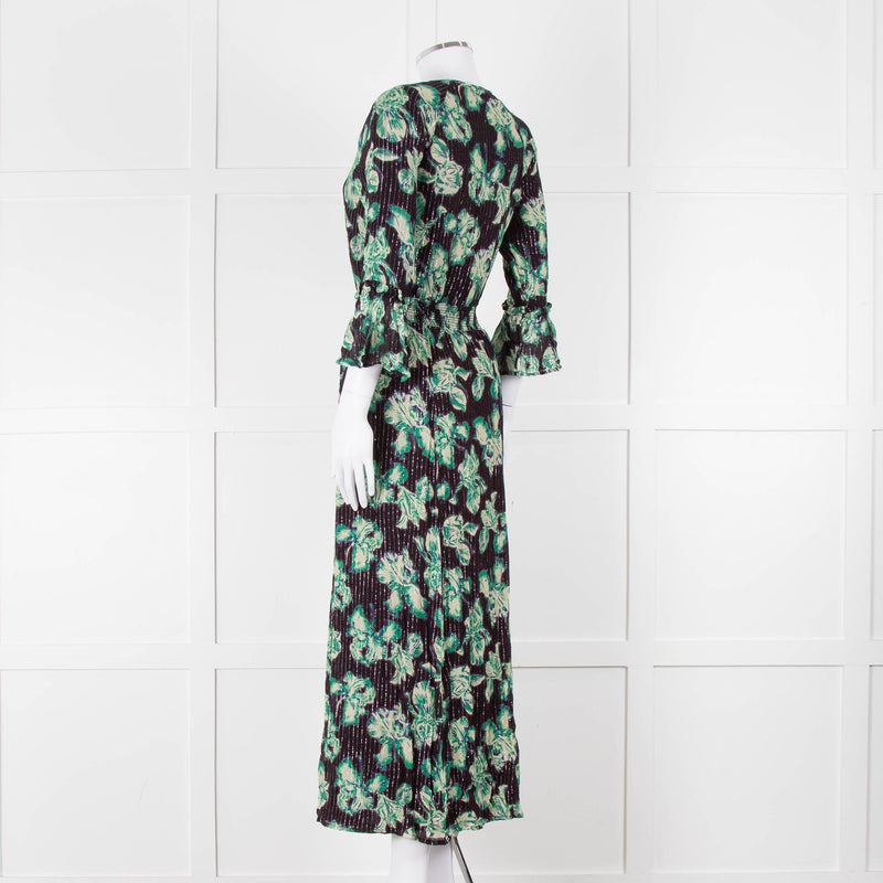 Iris Black Green Floral Silver Thread Midi Dress