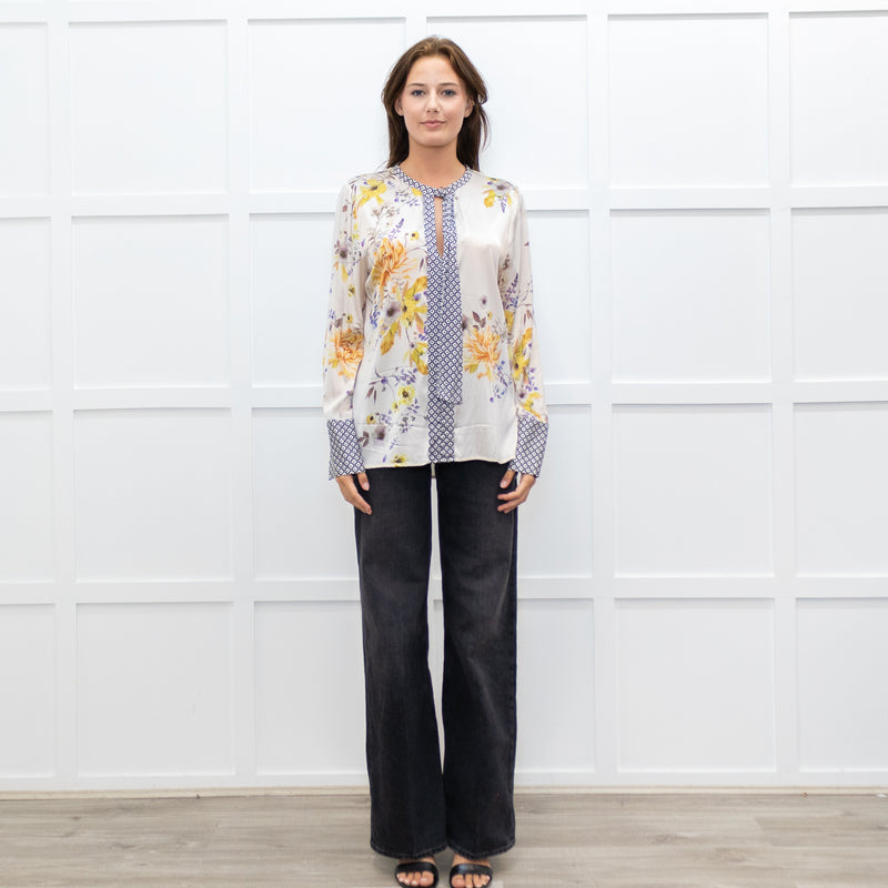 Dea Kudibal Cream and Yellow Floral Silk Blouse with Geometric Cuffs
