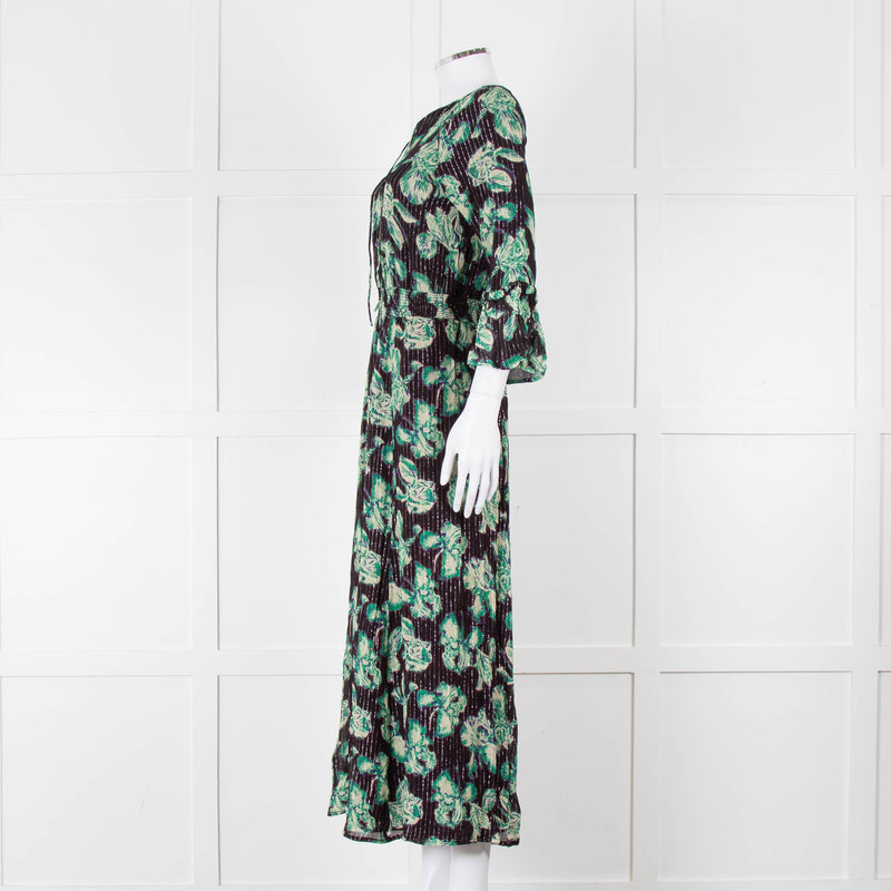 Iris Black Green Floral Silver Thread Midi Dress