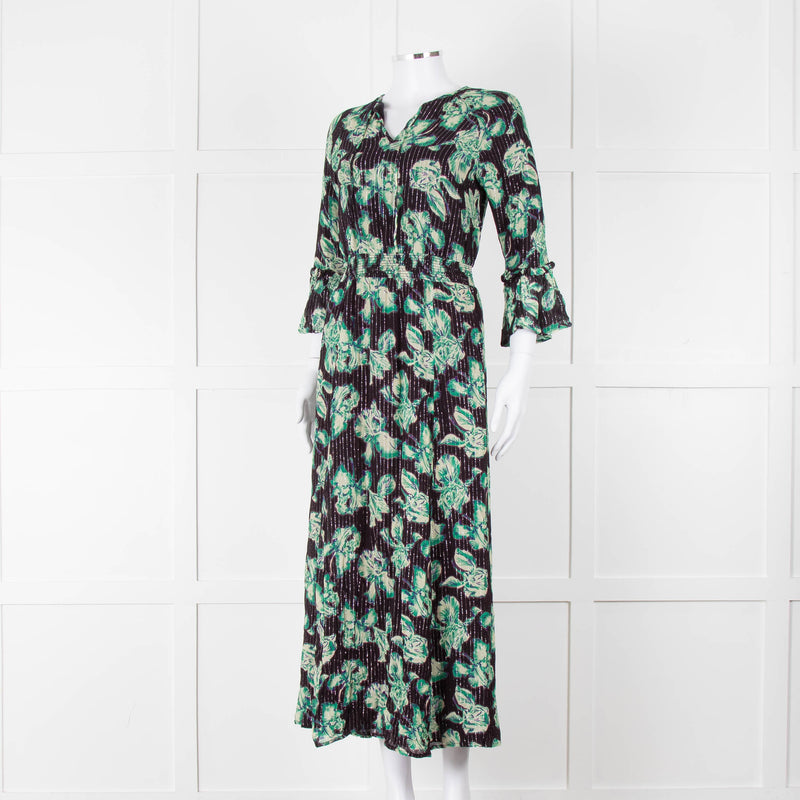Iris Black Green Floral Silver Thread Midi Dress