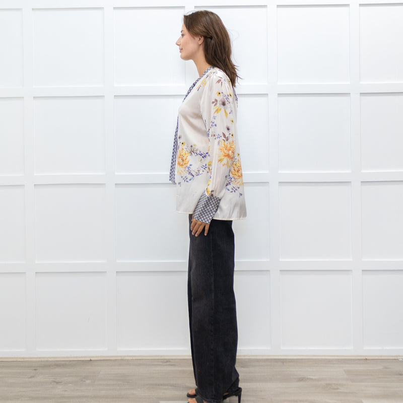 Dea Kudibal Cream and Yellow Floral Silk Blouse with Geometric Cuffs