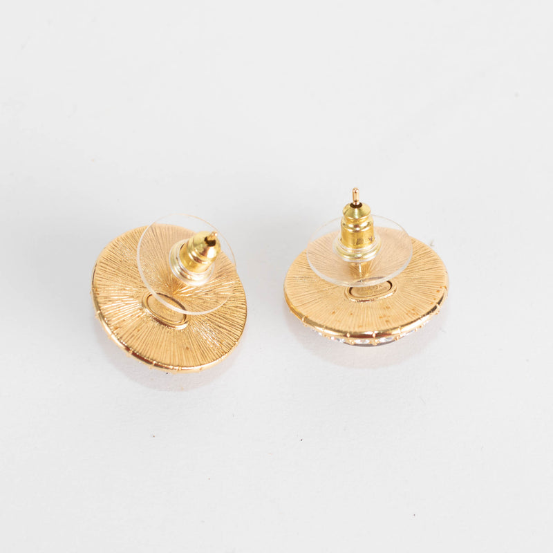 Chanel Wooden Gold Crystal CC Round Earrings