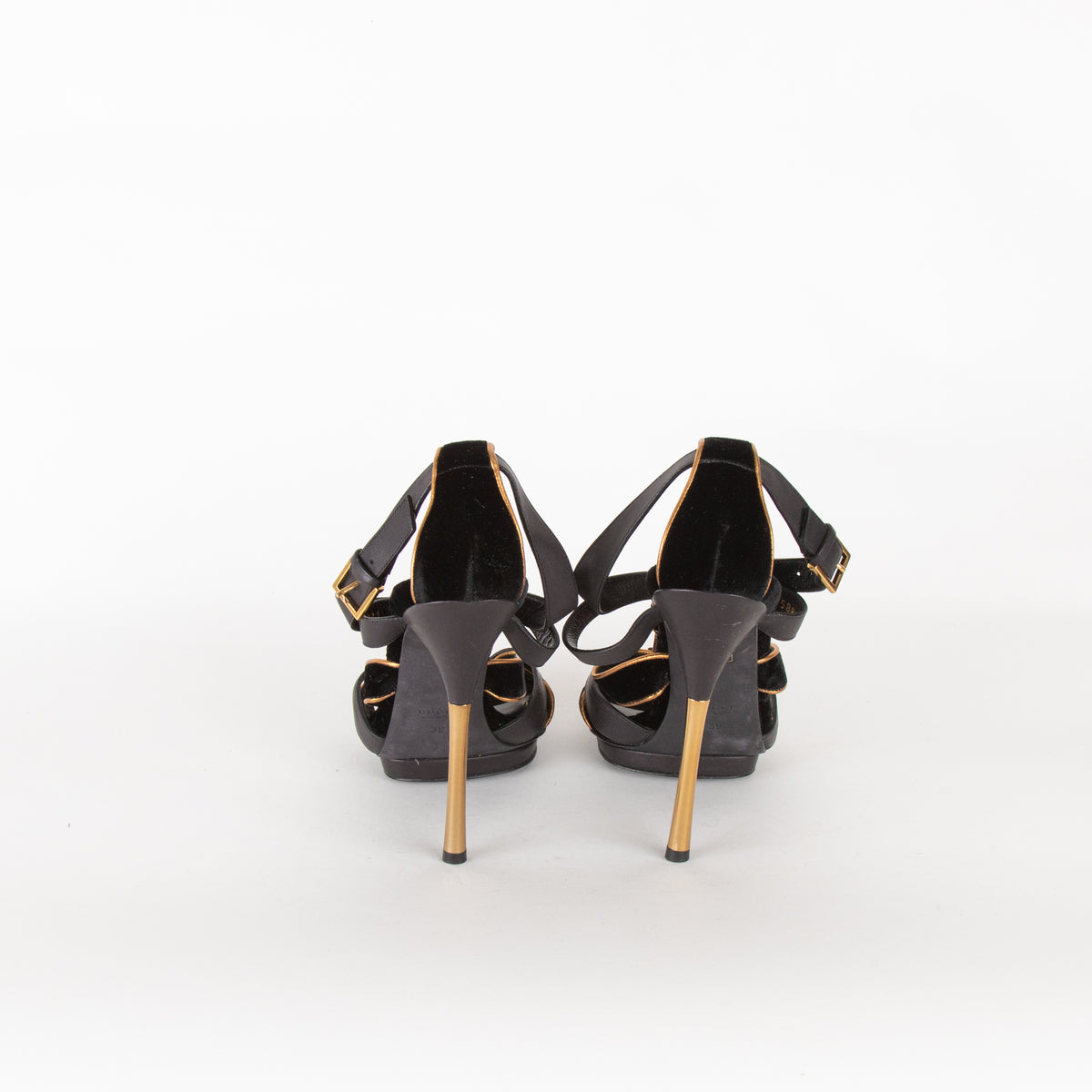 Gucci Black Velvet Gold Trim Platform Heeled Sandals