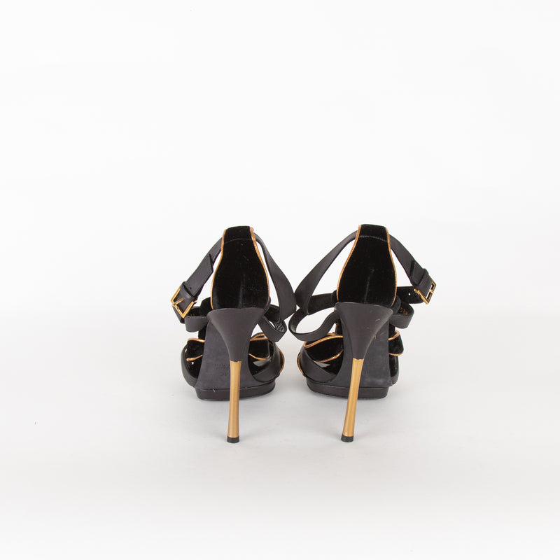 Gucci Black Velvet Gold Trim Platform Heeled Sandals