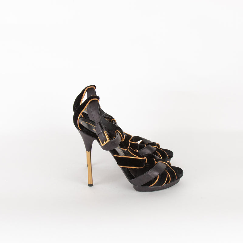 Gucci Black Velvet Gold Trim Platform Heeled Sandals